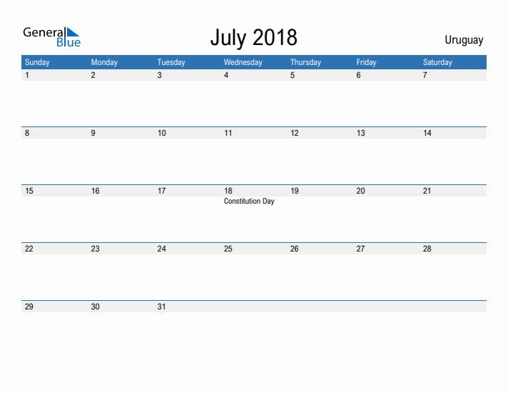 Fillable July 2018 Calendar