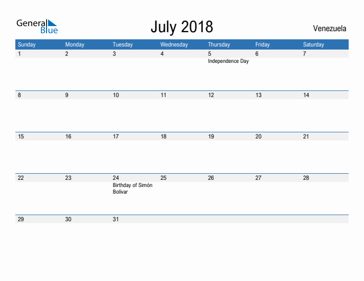 Fillable July 2018 Calendar