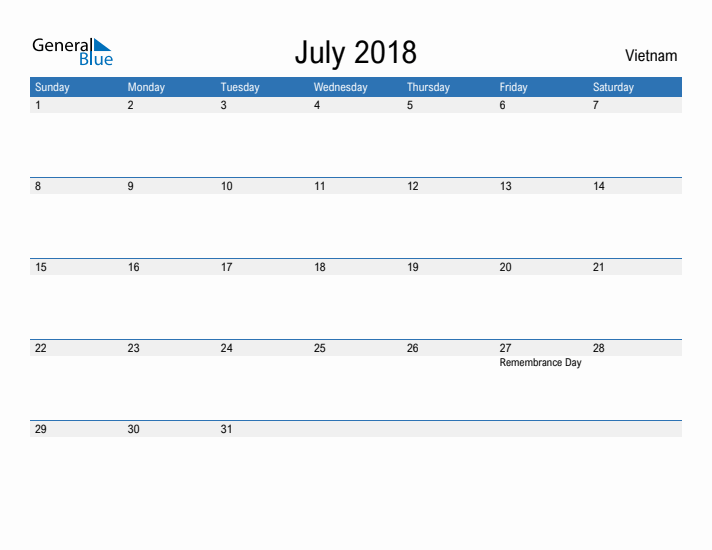 Fillable July 2018 Calendar