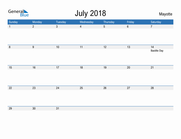 Fillable July 2018 Calendar