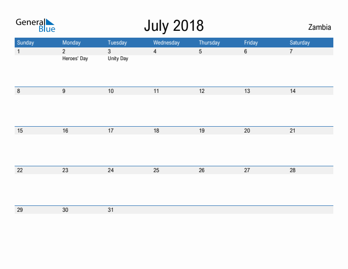 Fillable July 2018 Calendar