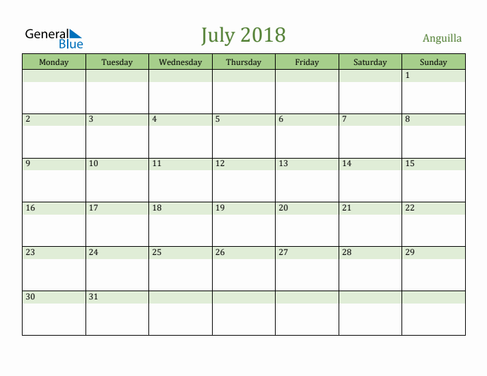 July 2018 Calendar with Anguilla Holidays