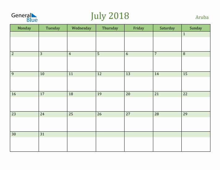 July 2018 Calendar with Aruba Holidays