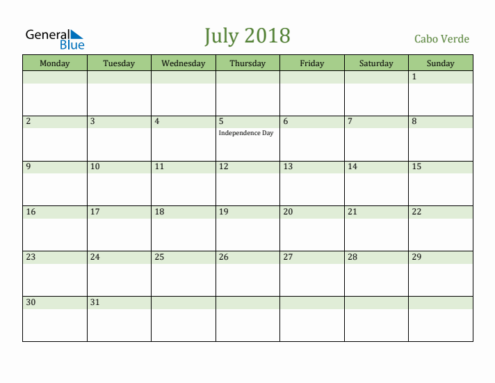 July 2018 Calendar with Cabo Verde Holidays