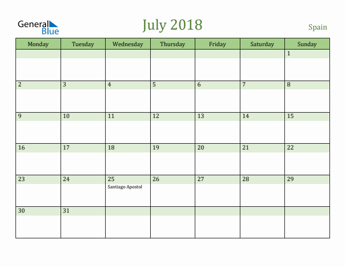 July 2018 Calendar with Spain Holidays