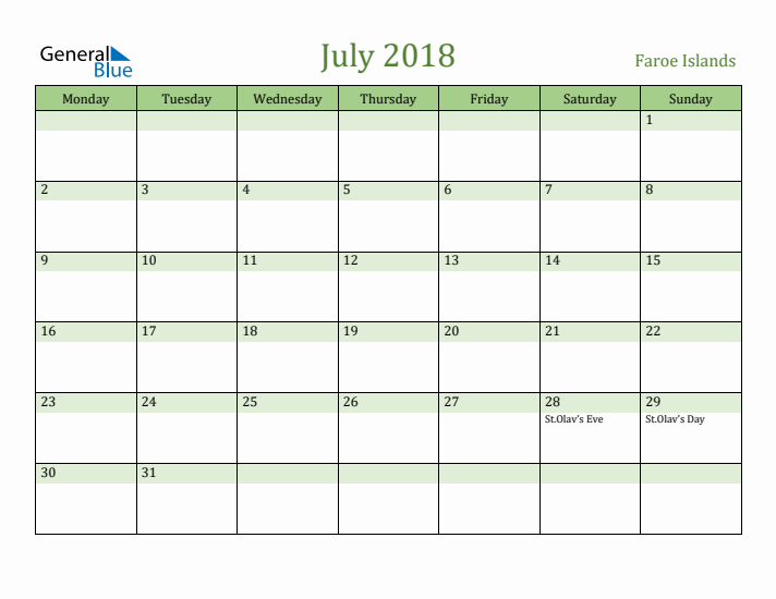 July 2018 Calendar with Faroe Islands Holidays