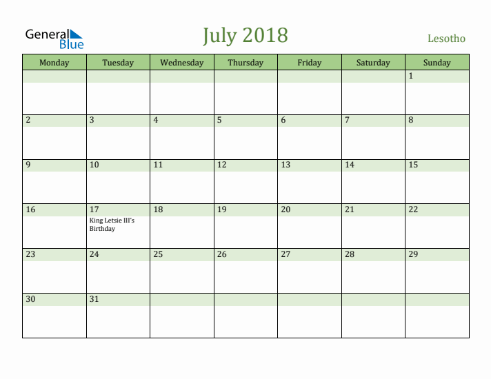 July 2018 Calendar with Lesotho Holidays