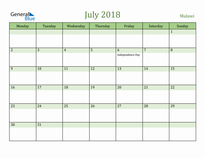 July 2018 Calendar with Malawi Holidays