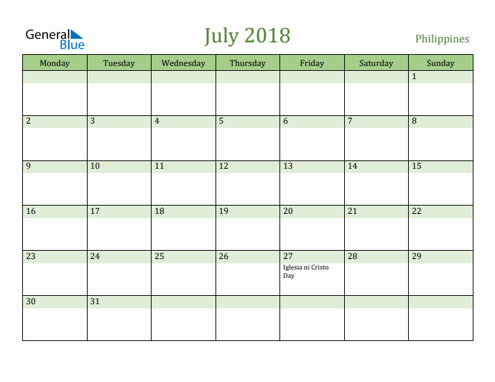 July 2018 Calendar with Philippines Holidays