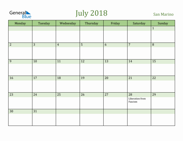 July 2018 Calendar with San Marino Holidays