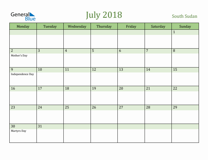 July 2018 Calendar with South Sudan Holidays