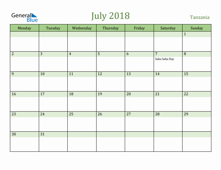 July 2018 Calendar with Tanzania Holidays