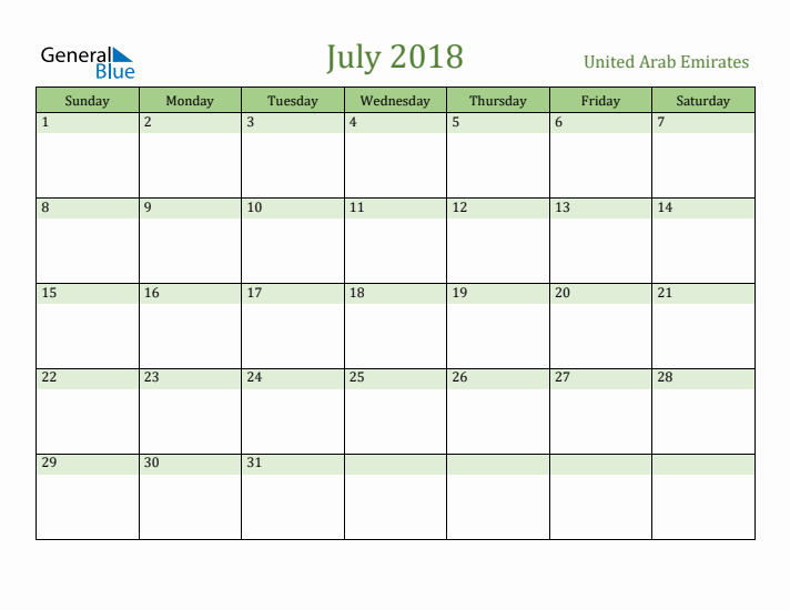 July 2018 Calendar with United Arab Emirates Holidays