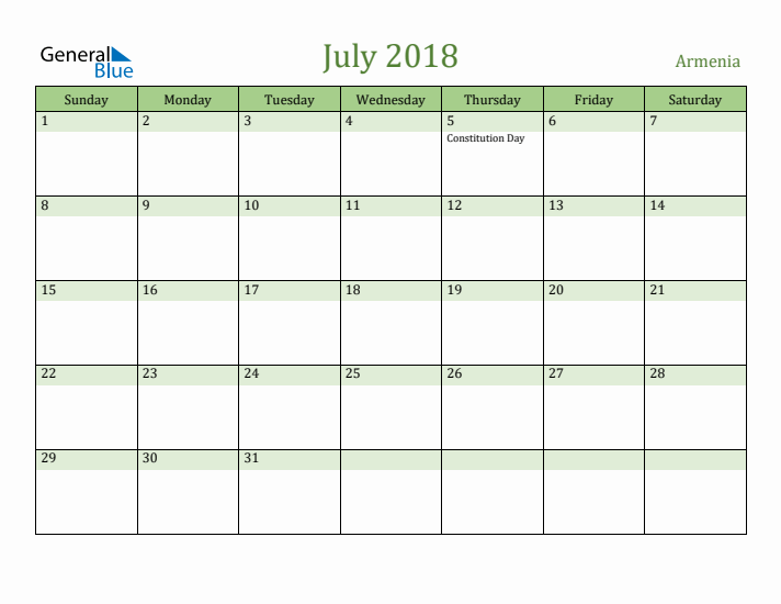 July 2018 Calendar with Armenia Holidays