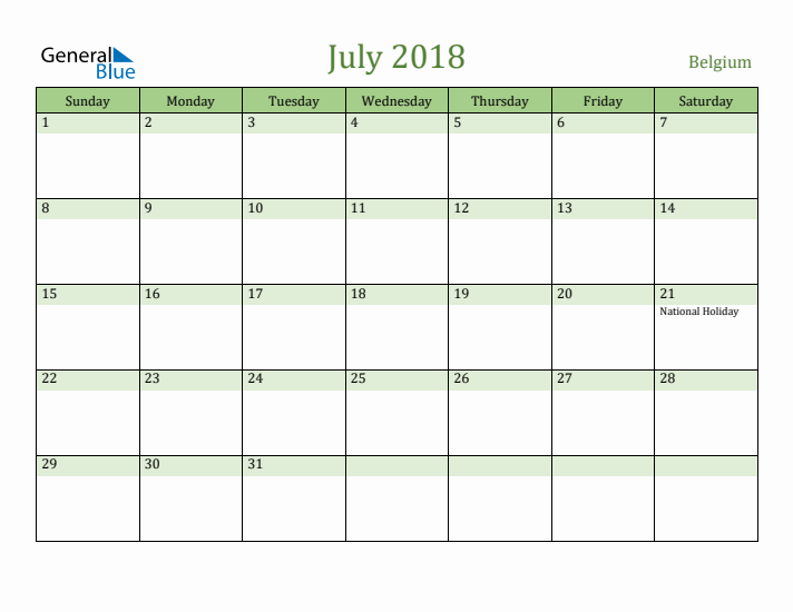 July 2018 Calendar with Belgium Holidays