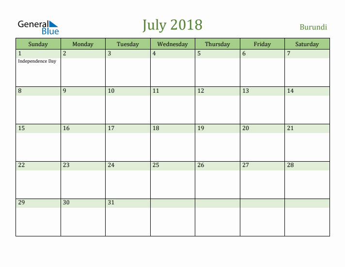 July 2018 Calendar with Burundi Holidays