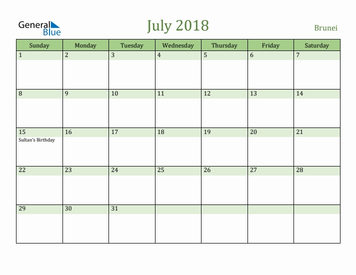 July 2018 Calendar with Brunei Holidays