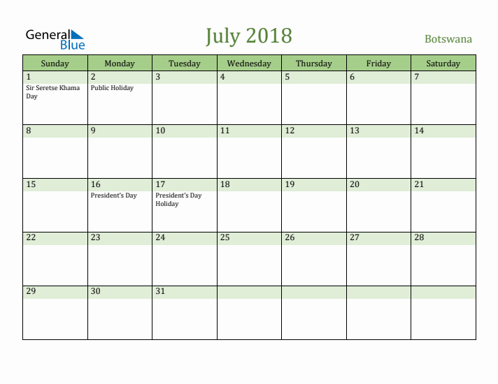 July 2018 Calendar with Botswana Holidays