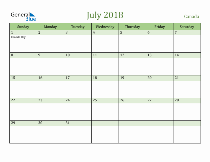 July 2018 Calendar with Canada Holidays