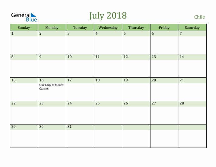 July 2018 Calendar with Chile Holidays