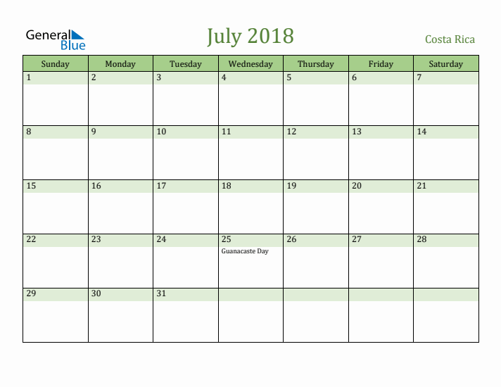 July 2018 Calendar with Costa Rica Holidays