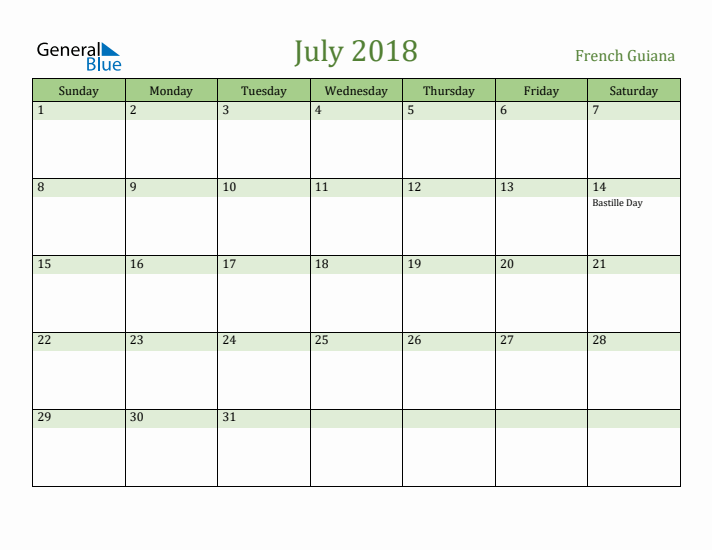 July 2018 Calendar with French Guiana Holidays