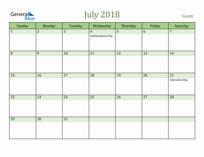 July 2018 Calendar with Guam Holidays