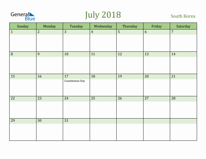 July 2018 Calendar with South Korea Holidays