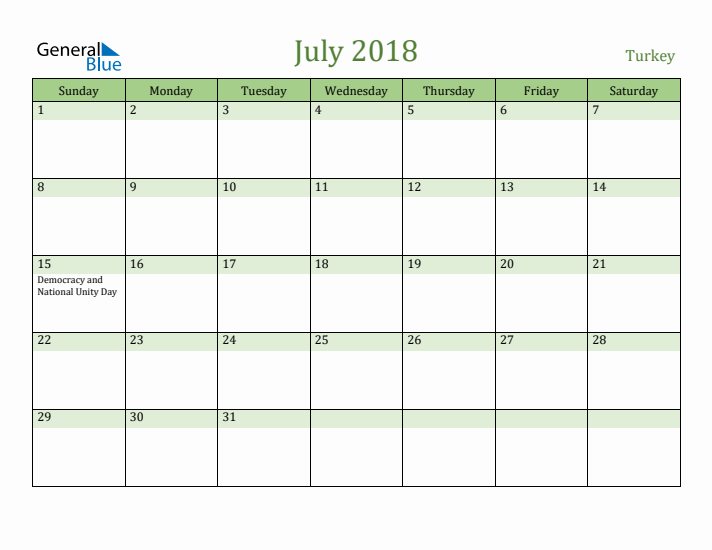 July 2018 Calendar with Turkey Holidays