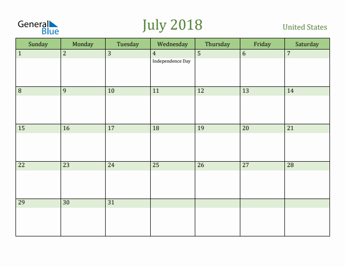 July 2018 Calendar with United States Holidays