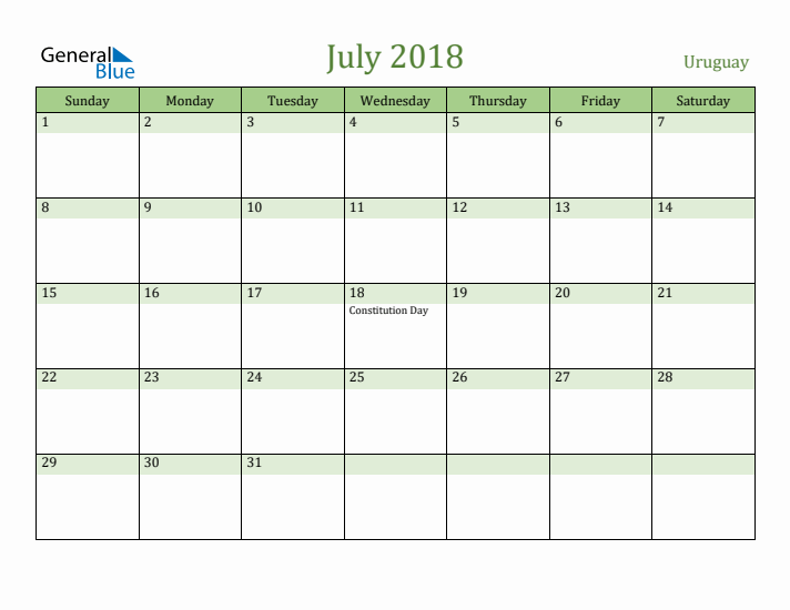 July 2018 Calendar with Uruguay Holidays