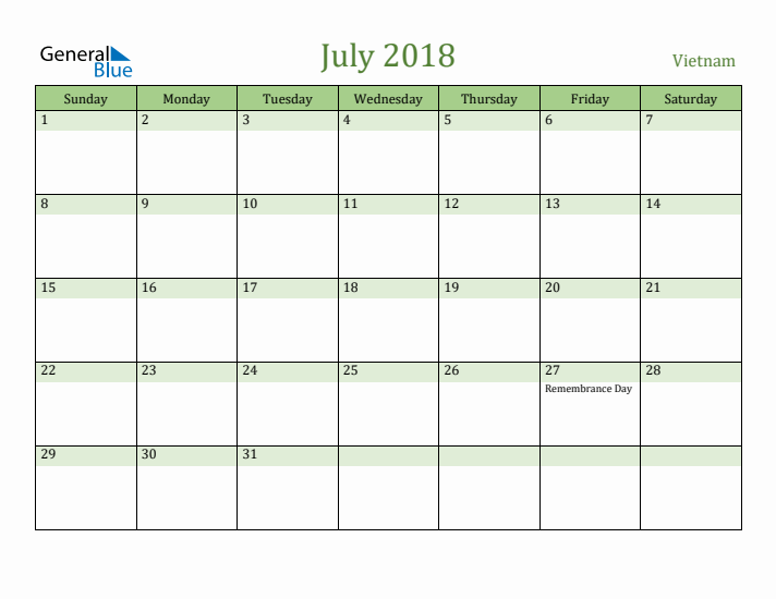 July 2018 Calendar with Vietnam Holidays