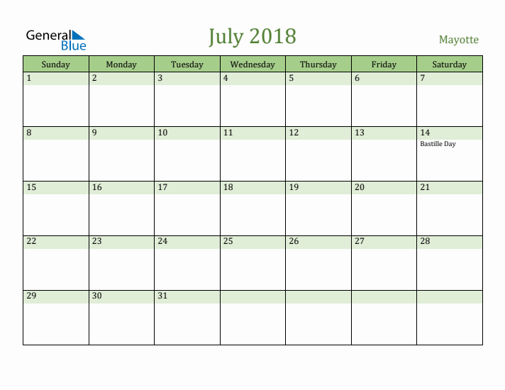 July 2018 Calendar with Mayotte Holidays