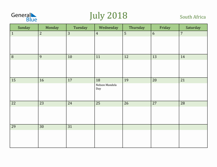 July 2018 Calendar with South Africa Holidays