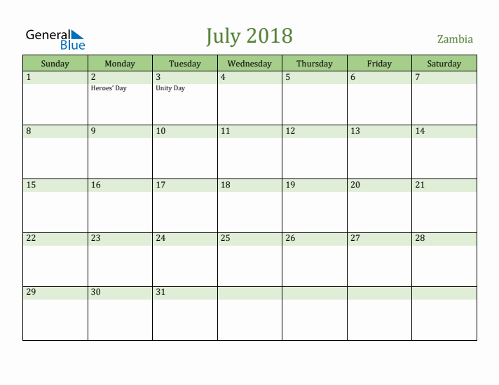 July 2018 Calendar with Zambia Holidays