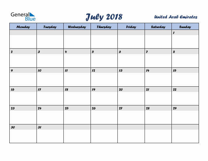 July 2018 Calendar with Holidays in United Arab Emirates