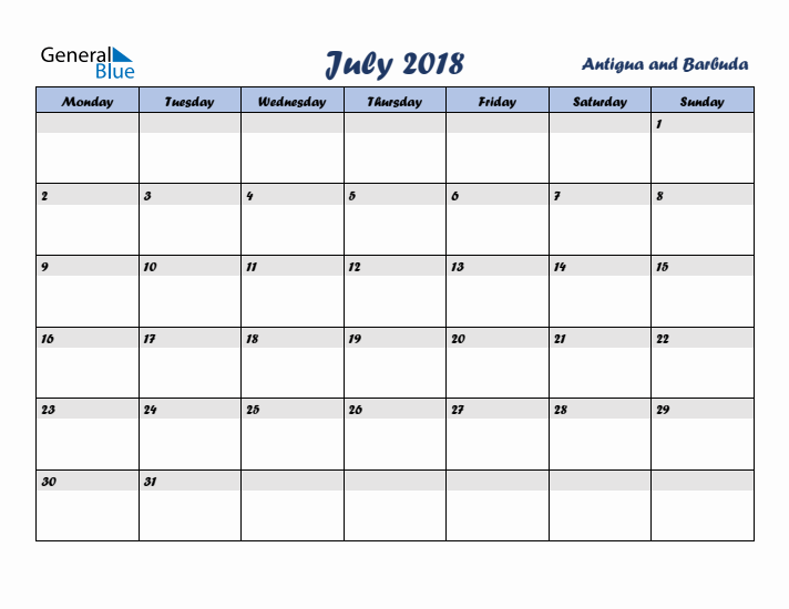 July 2018 Calendar with Holidays in Antigua and Barbuda