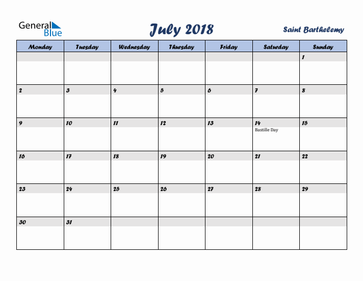 July 2018 Calendar with Holidays in Saint Barthelemy