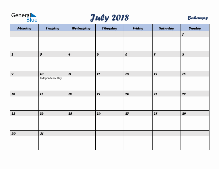 July 2018 Calendar with Holidays in Bahamas