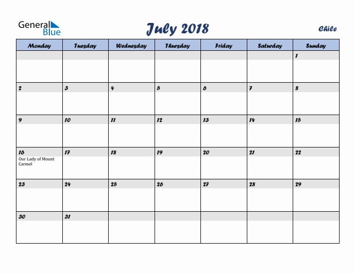 July 2018 Calendar with Holidays in Chile