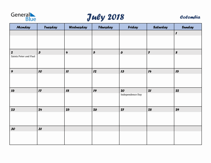 July 2018 Calendar with Holidays in Colombia