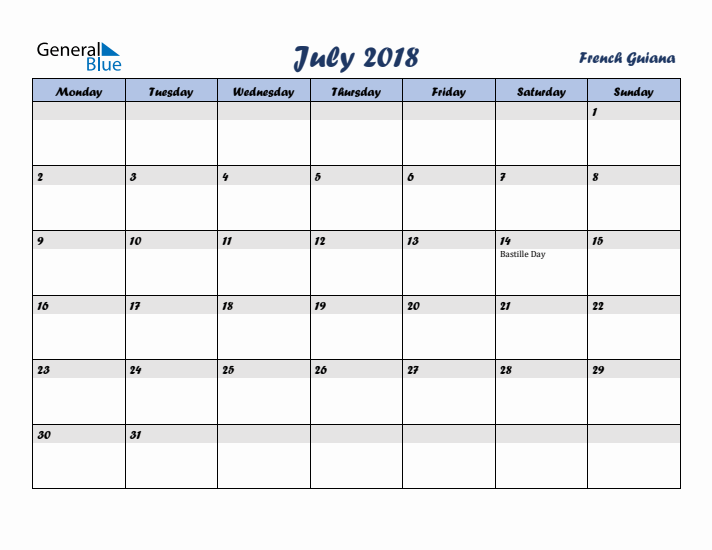 July 2018 Calendar with Holidays in French Guiana