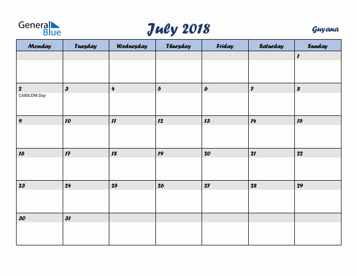 July 2018 Calendar with Holidays in Guyana