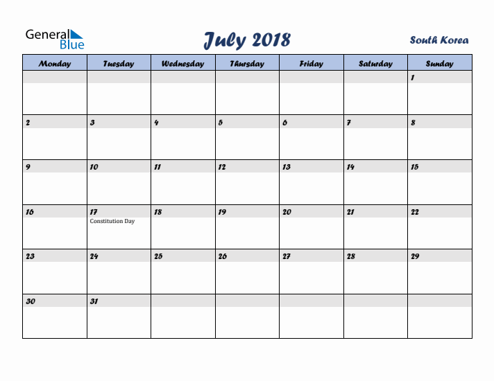 July 2018 Calendar with Holidays in South Korea