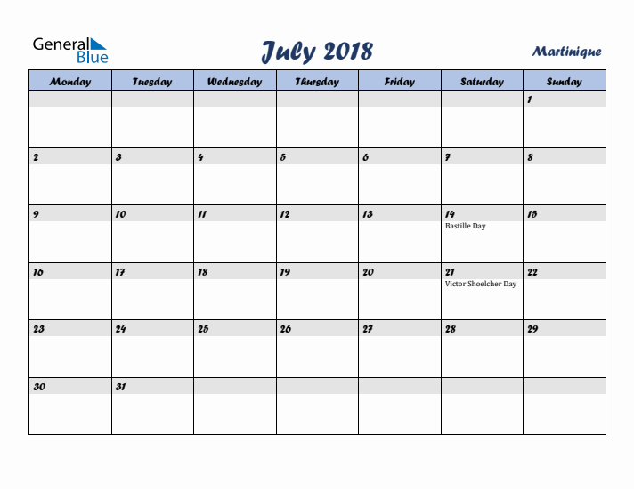 July 2018 Calendar with Holidays in Martinique