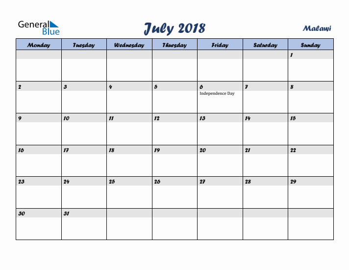 July 2018 Calendar with Holidays in Malawi