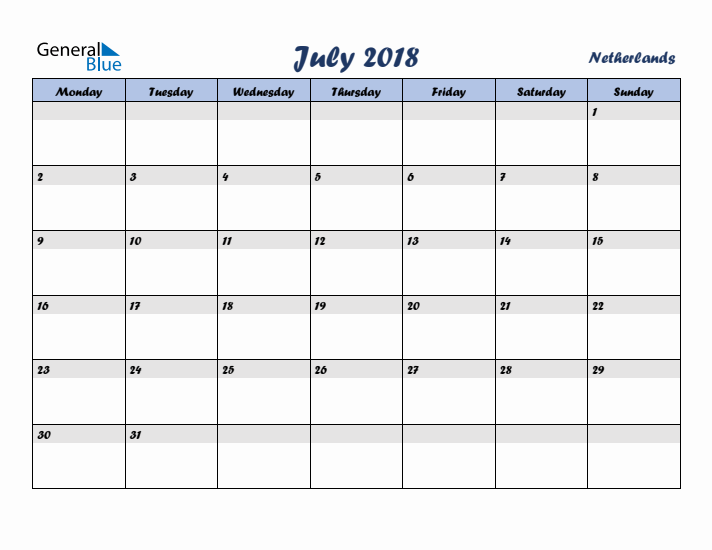 July 2018 Calendar with Holidays in The Netherlands