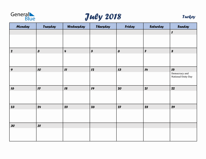 July 2018 Calendar with Holidays in Turkey