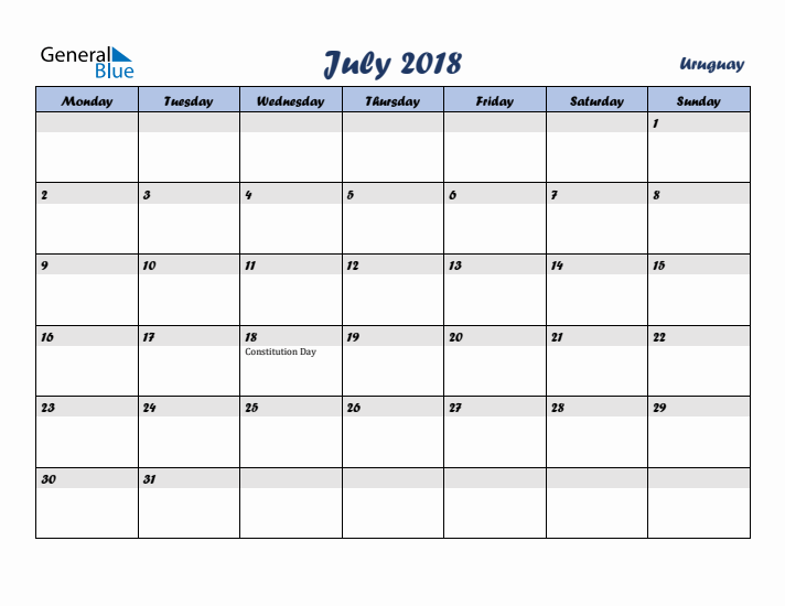 July 2018 Calendar with Holidays in Uruguay