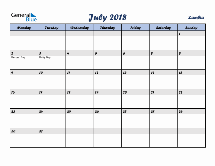 July 2018 Calendar with Holidays in Zambia